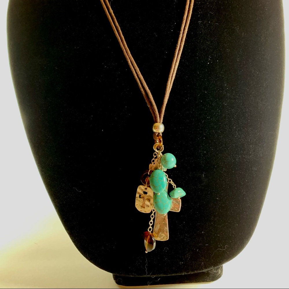 Cross necklace on brown cord - Picture 2 of 4